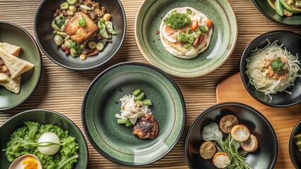 Set of various delicious food in black dishes isolated on transparent background, Top view of various menu served on plates.