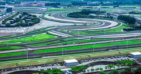Aerial view of curvy racing track road in Shanghai