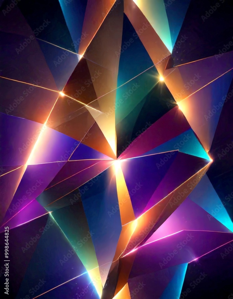 Poster a vibrant abstract composition of intersecting lines and triangles in a variety of colors, including