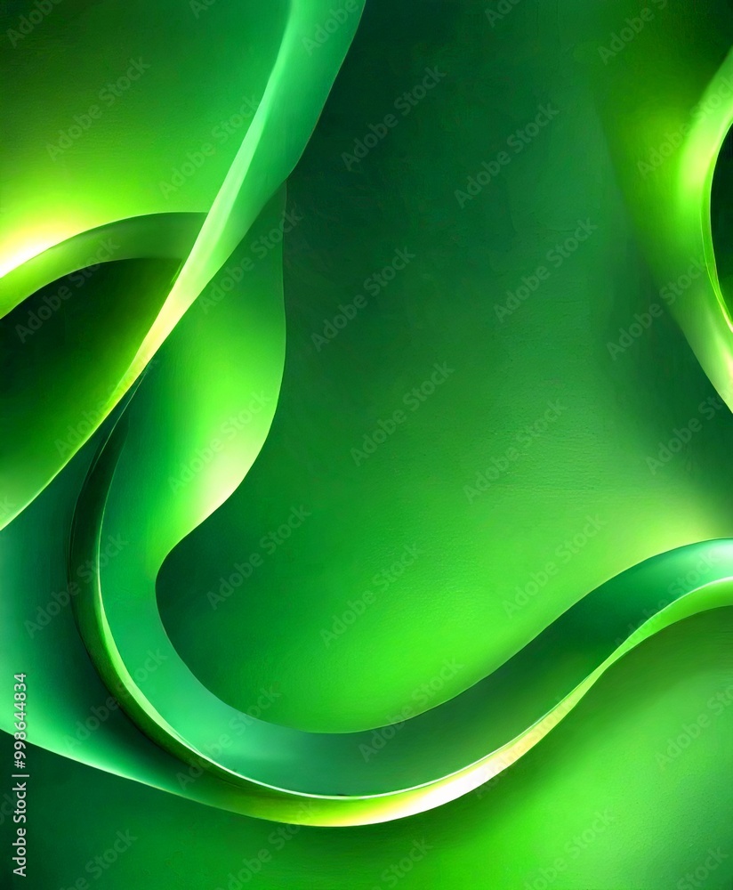 Poster a vibrant abstract composition of green and yellow hues, with curved lines and a gradient effect, creating a dynamic and visually striking scene