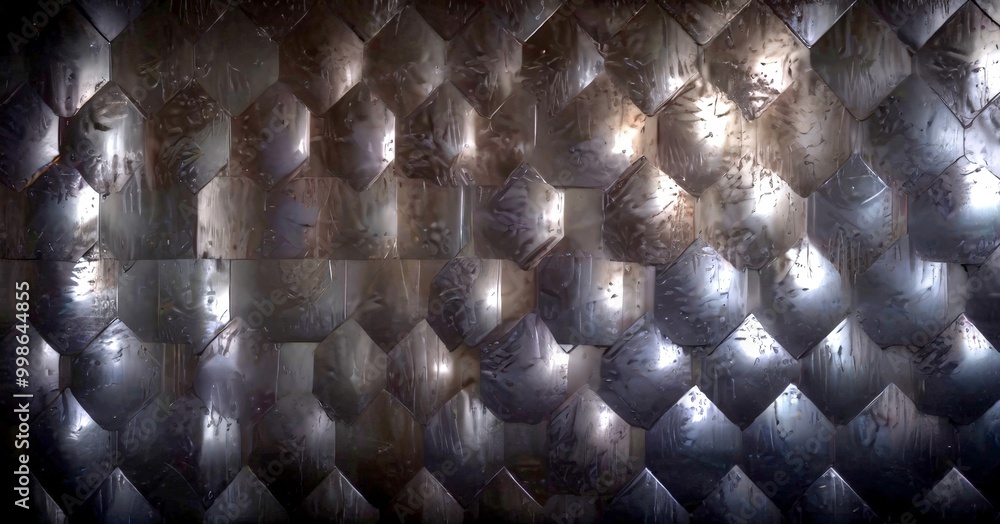 Poster a close-up view dark, textured surface composed of numerous hexagonal tiles arranged in a repeating pattern The tiles have a metallic, reflective quality, and the