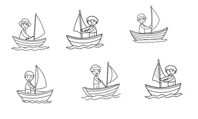 Black and White Line Art Free Vector Boy Doing Sailing.