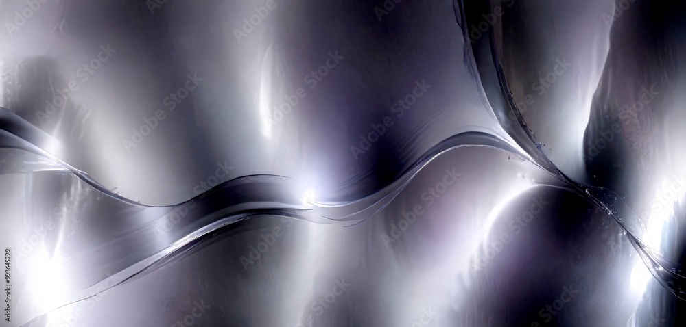 Poster a metallic surface with a wave-like pattern, creating a sense of movement and fluidity The color palette is dominated by shades of gray and white, with subtle hints of blue