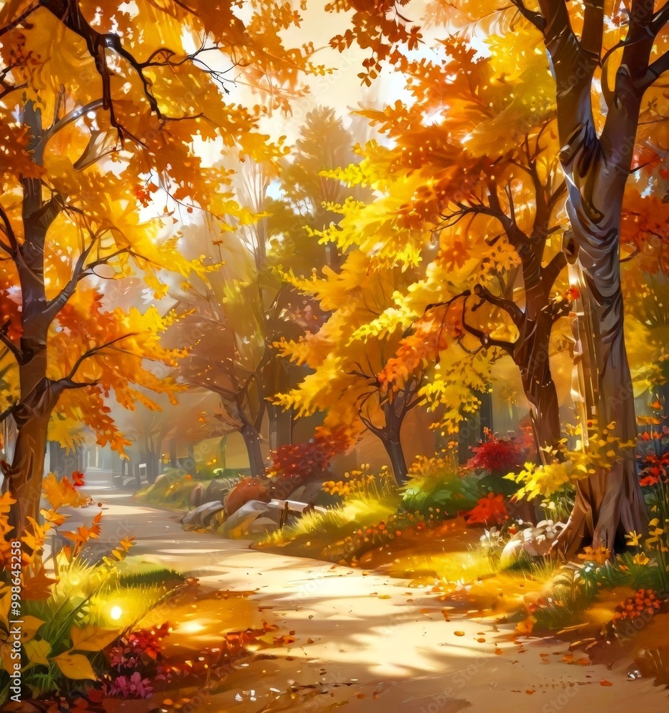 Poster a vibrant autumn scene unfolds in a forest, with trees ablaze in shades of orange and yellow, castin
