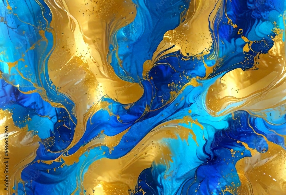 Poster an abstract composition of swirling patterns in blue and gold, with splashes of gold and blue throug