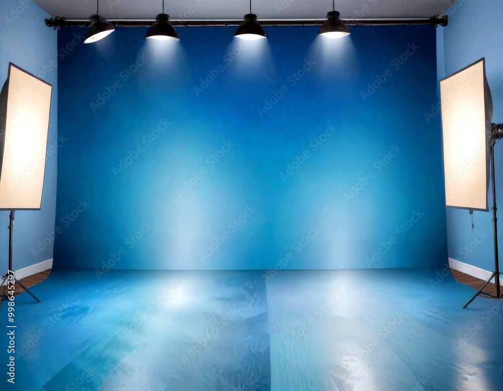 Aufkleber a blue-painted studio with three spotlights on the left, two on the right, and a tripod in the botto
