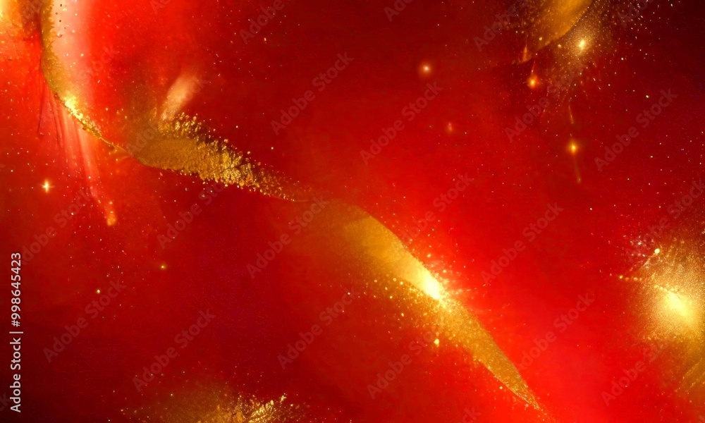Aufkleber a vibrant abstract composition with a gradient of red and gold hues, accented by specks of gold and shimmering particles The central focus is a curved line of gold, creating