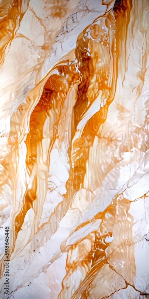Poster a close-up view marble surface with a swirling pattern of light and dark brown hues, creating a sens