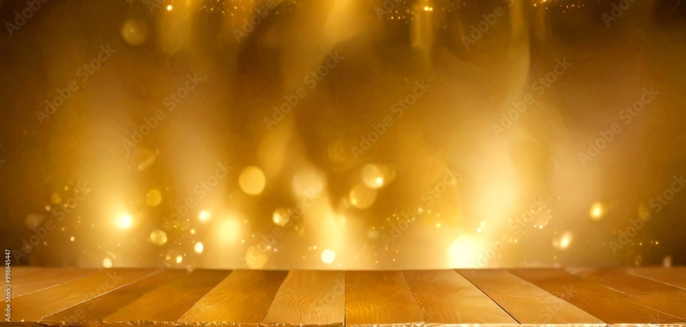 Poster A wooden table with a warm, golden glow in the background, creating a serene and inviting atmosphere
