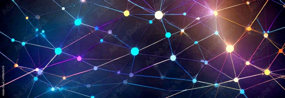 Poster a complex network of interconnected lines and dots, each radiating a unique color, creating a vibrant and dynamic visual effect The lines and dots are