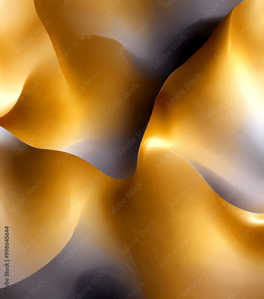 Poster a dynamic abstract composition of overlapping golden and gray shapes, creating a sense of movement and depth