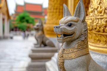 Stone guardian statues at a temple with intricate details, historical architecture.