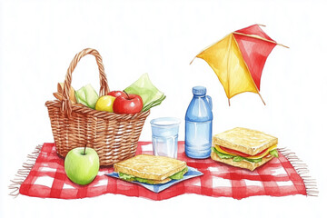 Picnic Set: Basket, picnic blanket, apples, sandwiches, kite