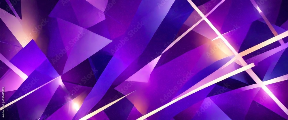 Poster a vibrant abstract composition of intersecting lines and triangles in shades of purple and yellow, creating a dynamic and visually striking pattern