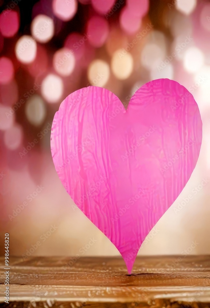 Poster a pink heart-shaped object is centered on a wooden surface, with a blurred background of pink bokeh 