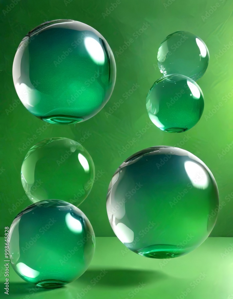 Poster a collection of eight transparent spheres, varying in size and shape, floats against a green backgro