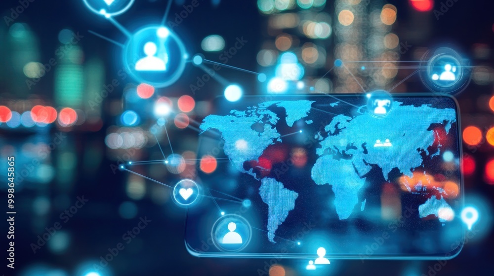 Canvas Prints digital world map with glowing connections on a smartphone screen against a city lights backdrop.
