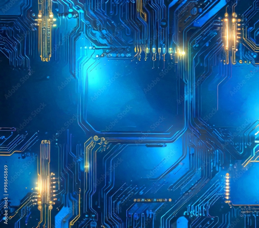 Leinwandbilder a detailed view circuit board, showcasing a complex network of interconnected lines and components The predominant colors are blue and gold, with the