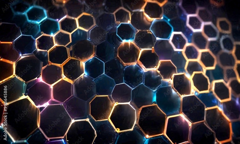 Aufkleber a close-up view pattern of hexagonal shapes in various shades of blue, orange, and black, creating a