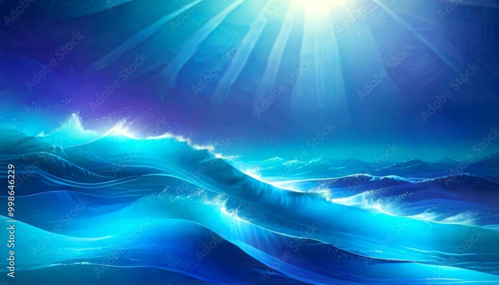 Poster a serene ocean scene with waves gently lapping against the shore, set against a backdrop deep blue sky with rays of light shining down from the top left corner