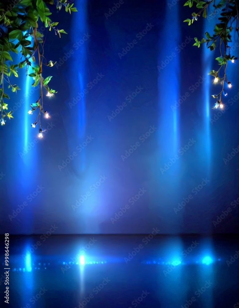 Poster a serene night scene with a calm body of water reflecting the surrounding lights, flanked by branche