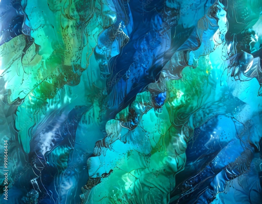 Poster an abstract painting featuring a vibrant mix of blue, green, and black colors, creating a dynamic an