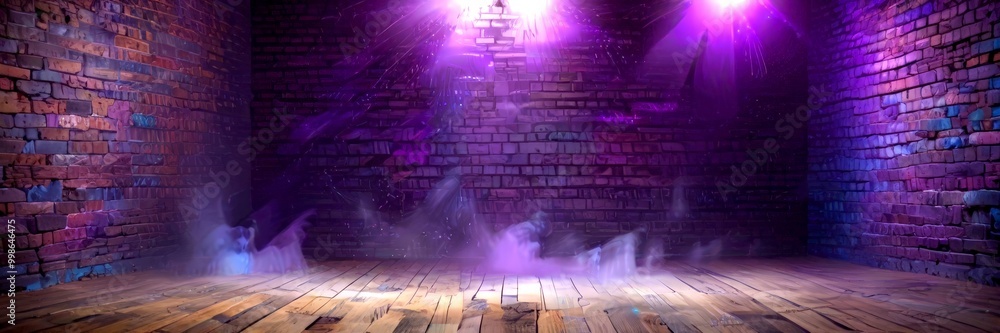 Aufkleber a dimly lit room with a brick wall on the left, a wooden floor in the center, and a large window on 