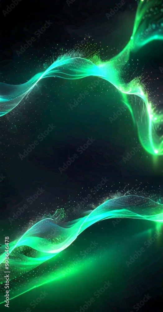 Poster a dynamic, abstract representation wave-like pattern in shades of green and black, with a subtle shimmering effect