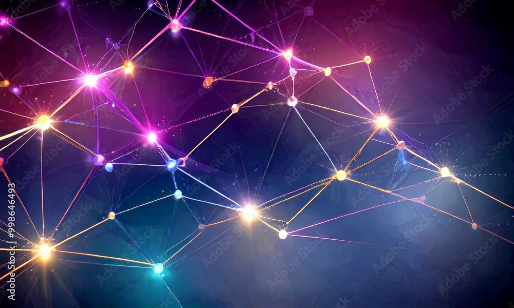 Poster a complex network of interconnected lines and dots, creating a visually striking abstract pattern The lines and dots vary in color, with some appearing