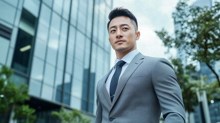 Fototapeta premium A handsome Asian man in a modern grey suit stands outdoors, his determined gaze fixed ahead, the business center in the background softly blurred to highlight his professional, pol