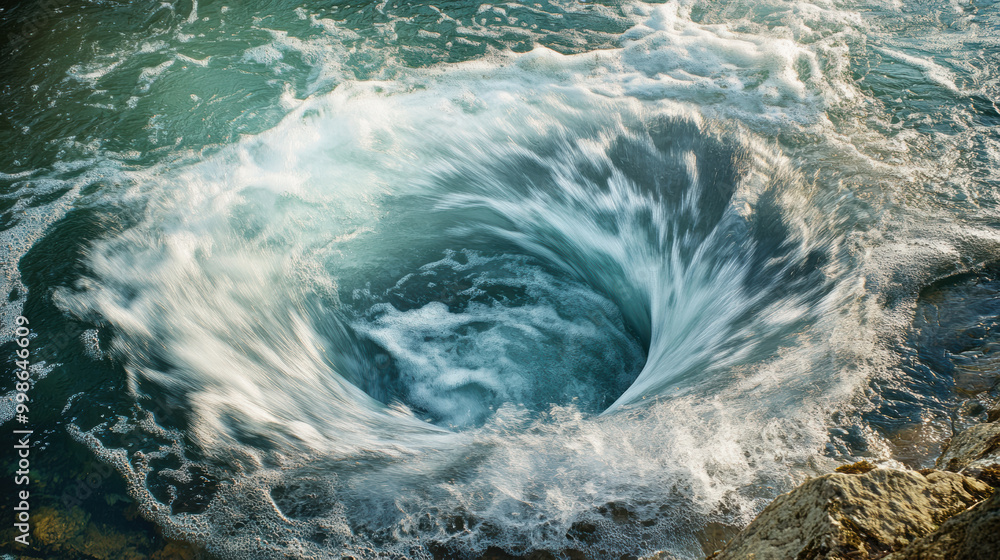 Poster whirlpool forms in fast moving river, showcasing powerful movement of water as it swirls and churns.