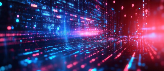 Fototapeta premium Abstract futuristic digital background with glowing lines and particles in blue and pink tones.