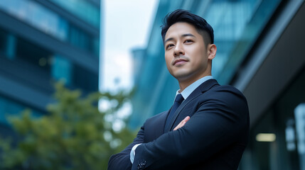 A well-groomed Asian man in a suit gazes toward the future, the blurred glass and steel structures of a business center framing his outdoor portrait, highlighting his poised, profe