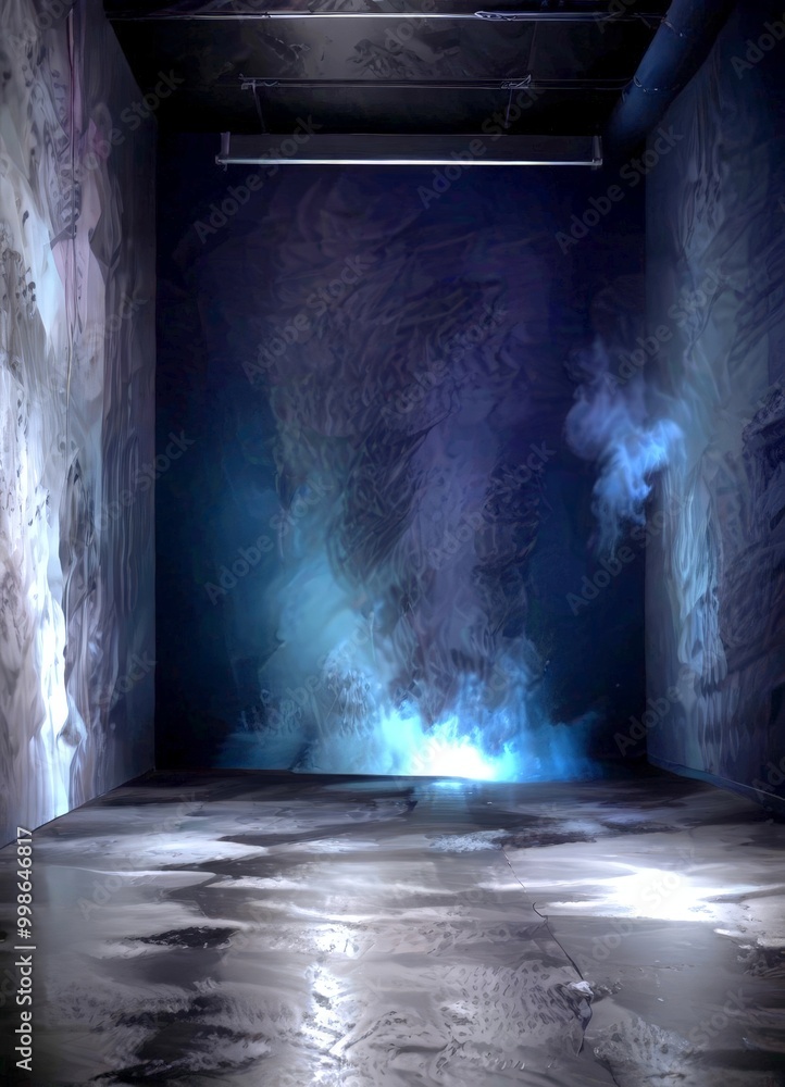 Fototapete a dimly lit, empty room with a large, ominous-looking creature looming in the background, its form o