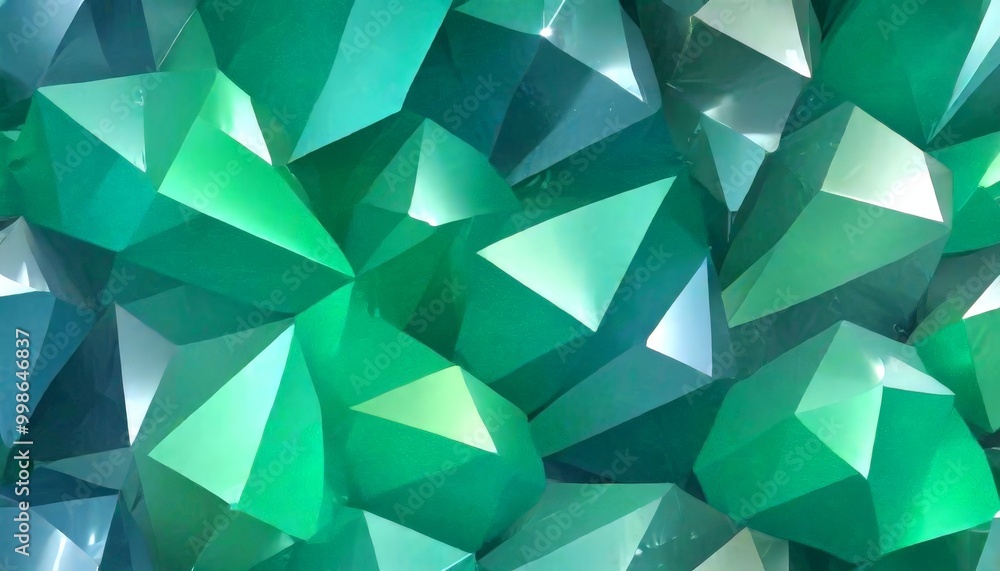 Poster a pattern of overlapping triangular shapes in various shades of green, creating a visually striking and abstract composition