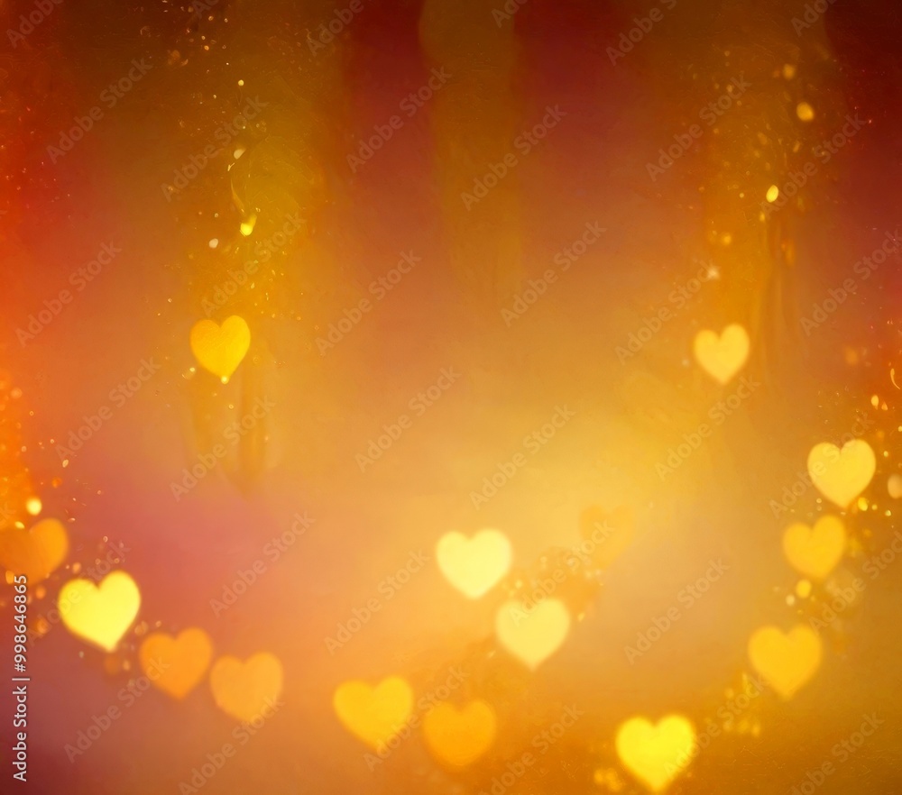 Poster a warm, golden glow with a scattering of small, glowing heart shapes in various sizes and orientatio