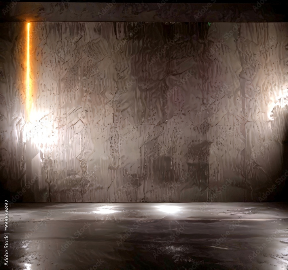 Poster a dimly lit, concrete room with a single, bright light source on the left side, casting a long shado
