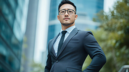 Fototapeta premium A charismatic Asian man in a sleek, tailored suit stands confidently outdoors, his expression serious as the soft blur of a modern business center looms in the background.