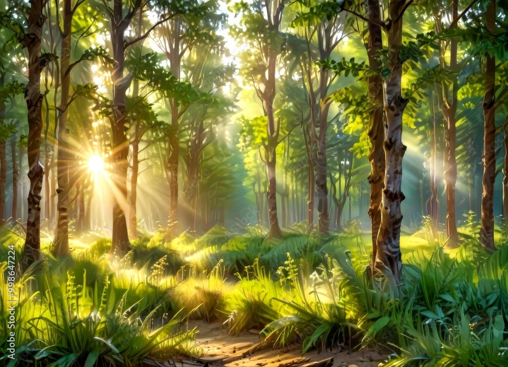 Poster A digital painting serene forest scene with sunlight filtering through the trees, casting dappled shadows and highlighting the lush greenery