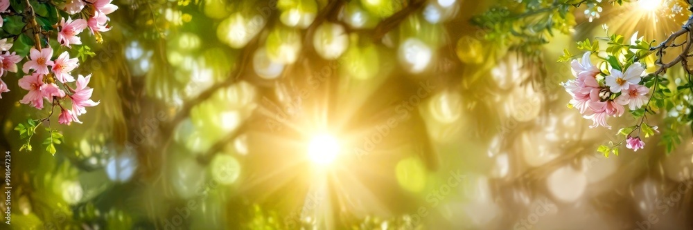 Poster a serene natural scene with pink flowers in full bloom on the left side, and a sunburst effect in th