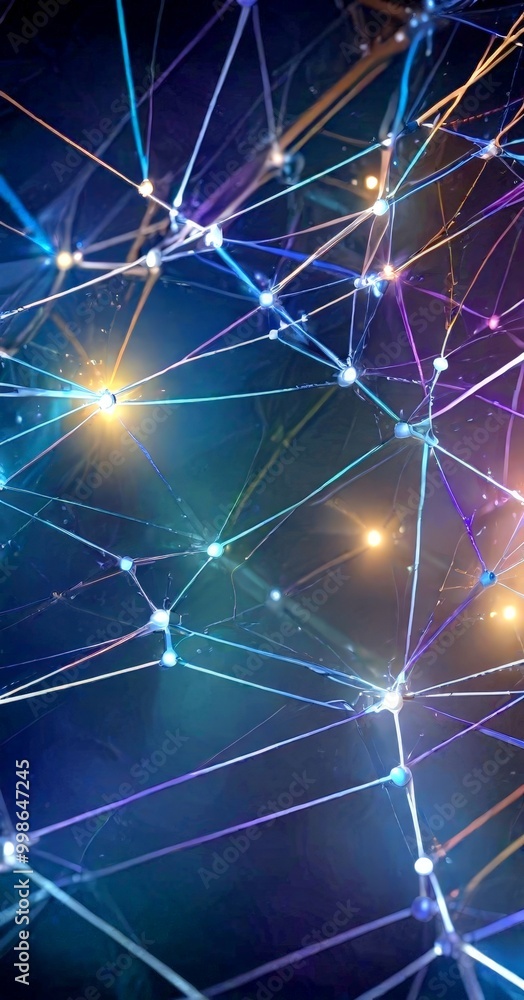 Poster a complex network of interconnected lines and dots, creating a visually striking abstract pattern The lines and dots vary in color, with some appearing to