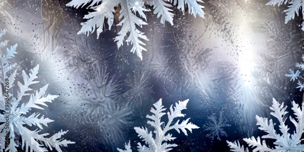 Aufkleber a close-up view frosty, snow-covered surface with intricate, delicate snowflakes scattered throughout The background is a dark, moody color, creating a contrast with