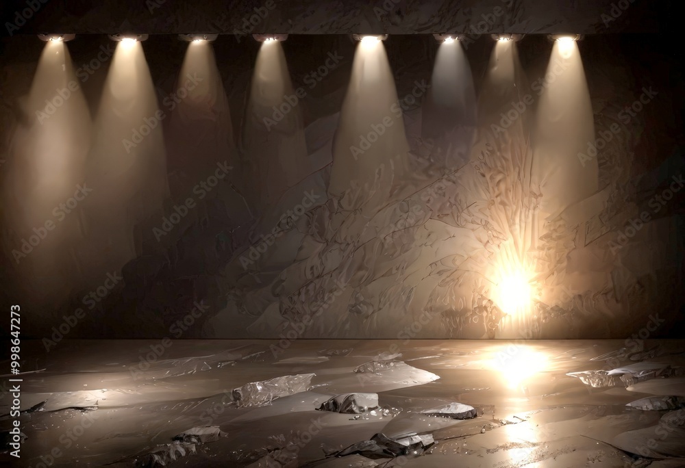 Poster a dimly lit stage with a large, abstract mural on the wall behind it, illuminated by a series of spo