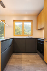 Front view of a gray kitchen and some wooden pieces. Above the sink is a window with a view of the mountain in Switzerland and lots of nature