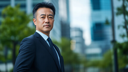 A middle-aged Asian man in a charcoal suit stands outdoors, his focused gaze directed ahead, with the blurry business center&acirc;s modern architecture softly fading into the background