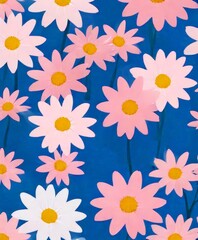 A digital illustration of pink and white daisies against a blue background