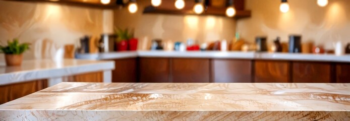 A close-up marble countertop with a blurred background kitchen counter and various kitchen items