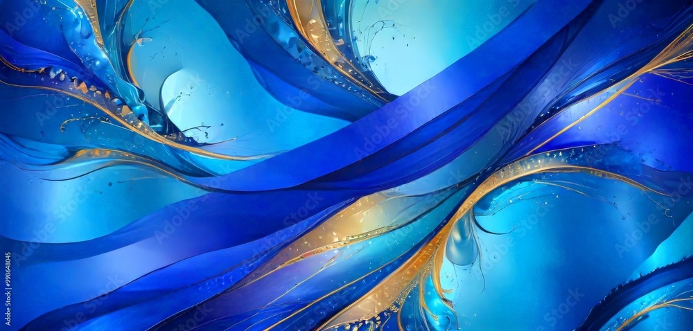 Aufkleber a vibrant abstract composition of blue and gold hues, with a dynamic interplay of curved lines and splashes of color The background transitions from a deep blue at the top to