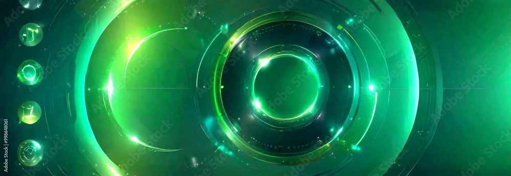 Poster a futuristic, circular design with a green and black color scheme, featuring a central circular element surrounded by concentric circles and lines