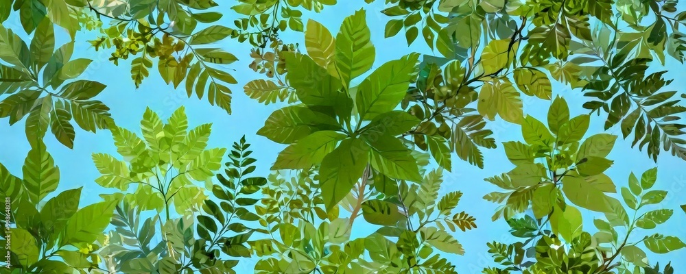 Poster a dense, lush canopy of green leaves against a clear blue sky The leaves vary in size and shape, creating a sense of depth and complexity The does not contain